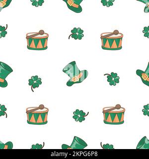 PATRICK BOWLER Drum And Clover In Green Color Saint Patrick Day Irish Holiday Cartoon Seamless Pattern Vector Illustration For Print Stock Vector