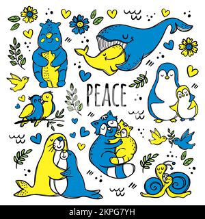 PEACE PLUS ANIMALS Cute Snail Whale Cat Hare Penguin Bird Hugging His Children Cartoon Abstract Yellow Blue Natural Hand Drawn On White Vector Illustr Stock Vector