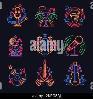 Neon emblems and signs with guitar and cocktail Stock Vector