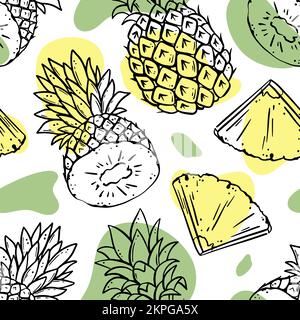 PINEAPPLE BACKDROP Abstract Delicious Juicy Fruit Whole And Cut In Half For Your Design Hand Drawn In Sketch Style Food Seamless Pattern Vector Illust Stock Vector
