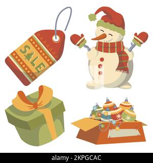 set of vector images of christmas snowman in hat gifts box with christmas decorations Stock Vector