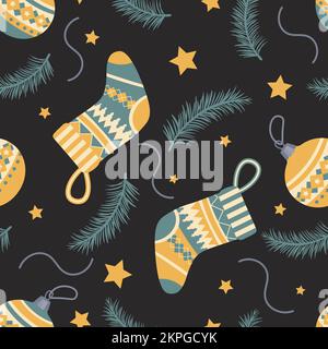 Seamless Christmas pattern with Christmas sock and Christmas toys Stock Vector