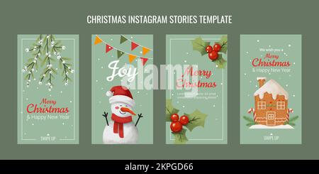 christmas instagram stories template set gingerbread house snowman mistletoe and christmas berry Stock Vector