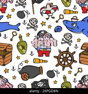 PIRATE AND SHARK Corsair With Octopus Head Marine Theme Sea Animals Cartoon Hand Drawn Seamless Pattern Vector Illustration On White With Travel Attri Stock Vector