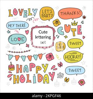 PARTY PHRASE Comic Cartoon Holiday Birthday Handwriting Text Frames And Borders Clip Art Vector Illustration Set For Print Stock Vector