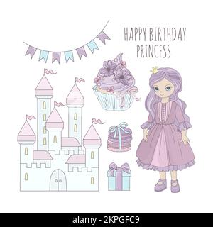 PRINCESS BIRTHDAY In Pink Dress With Crown On Head Stands Near Her Castle Long Pink Haired Fairy Girl Cartoon Clip Art Vector Illustration Set For Pri Stock Vector