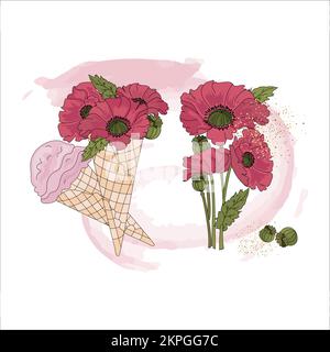 POPPY ICE CREAM Bouquet Of Red Flowers And Pink Ice Cream In A Waffle Cone Sprinkled With Gold Dust Cartoon Clip Art Vector Illustration Set For Print Stock Vector
