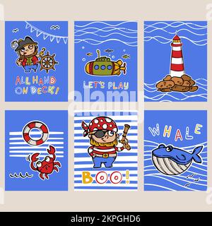 PIRATES DESIGN CARDS Hand Drawn Cartoon Marine Greeting Postcard Collection With Mottos And Sea Attributes Objects For Cutting Vector Illustration Set Stock Vector