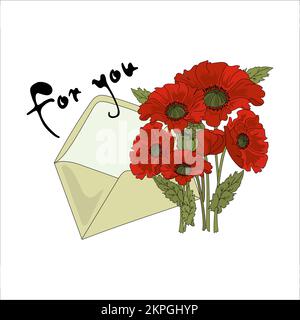 POPPY AND LETTER Congratulation From Red Flowers Bouquet In The Envelope For Paper Mail With Handwriting Text Cartoon Clip Art Vector Illustration Set Stock Vector