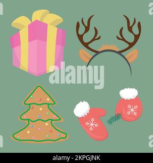 christmas set of vector elements includes gift box, deer hat, cookie christmas tree and santas mittens Stock Vector