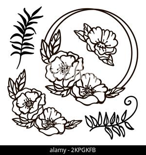 POPPIES WREATH Wedding Monochrome Collection From Flowers And Branches In Frame Openwork Contours For Print Cartoon Cliparts Vector illustration Set Stock Vector