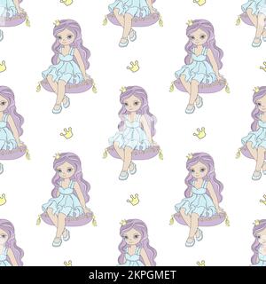 PILLOW PRINCESS Pink Haired Girl In Crown Sits On Pink Pillow Fairy Tale Magical Cartoon Seamless Pattern Vector Illustration For Print Stock Vector