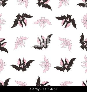 PINK BAT Halloween Horror Holiday Flying Animal On White Background Cartoon Seamless Pattern Vector Illustration For Print Stock Vector