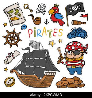 PIRATE CORVETTE Corsair Sailboat With Black Sails And Skull Flag On Mast Hand Drawn Cartoon Clipart Sea Attributes And Objects With Text Vector Illust Stock Vector