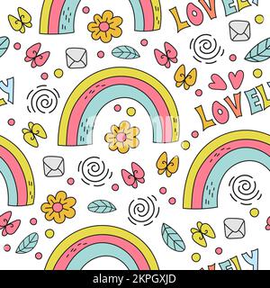 RAINBOW Floral Holiday Comic With Butterflies And Handwriting Text Abstract Cartoon Seamless Pattern Vector Illustration For Print Stock Vector