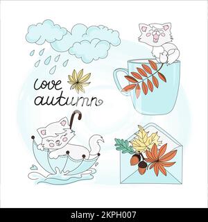 RAIN AND CAT White Kitten Sit In Umbrella And On The Edge Of The Mug Season Autumn Fall Cartoon Clip Art Handwriting Text Vector Illustration Set For Stock Vector