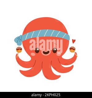 Cute octopus cartoon character takoyaki logo and mascot illustration Stock Vector