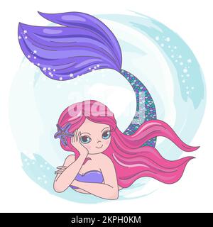 RED MERMAID Underwater Pink Haired Girl Princess Put Her Head On Her Hand Cartoon Sea Ocean Cruise Travel Tropical Clip Art Vector Illustration Set Fo Stock Vector