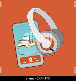 READING ONLINE Audiobook Listening In Smartphone On Orange Background Sound Book Podcast Internet Cartoon Clip Art Vector Illustration Set For Print Stock Vector