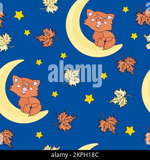 RED CAT Red Headed Sitting On The Moon On The Background Dark Blue Night Sky Good Night Cartoon Seamless Pattern Vector Illustration For Print Stock Vector