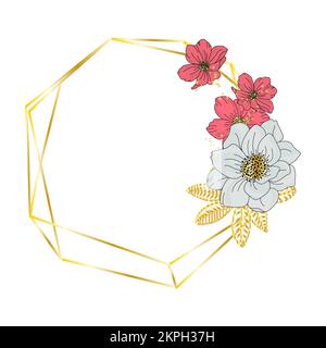 RED GREY Flowers And Gold Branch On Golden Polygon Frame Wedding Holiday Birthday Floral Clip Art Vector Illustration Set For Print Stock Vector