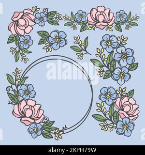 ROSE COMPOSITIONS Floral Collection From Roses And Buttercups With Leaves In Ring Frame Wreaths And Bouquets For Print Cartoon Cliparts Vector illustr Stock Vector