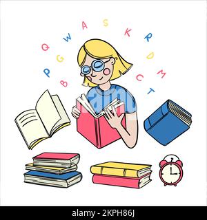 TIME TO READ Woman Student Reads Schoolbook Home Education Colorful Doodle Sketch Hand Drawn Vector Collection Self-Education Home Learning New Concep Stock Vector