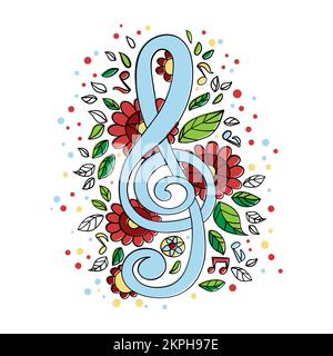 TREBLE CLEF Main Musical Symbol Of The World In Surrounded Flowers Leaves And Notes Cartoon Clip Art Vector Illustration Set For Print Stock Vector
