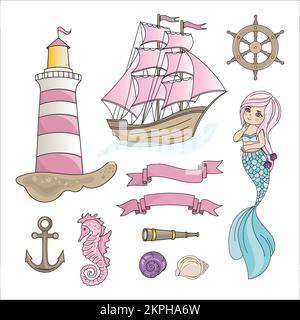 SAILBOAT MERMAID Underwater Long Haired Princess Girl And Collection Of Sea Journey Attributes Cruise Travel Cartoon Clip Art Vector Illustration Set Stock Vector