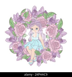 ROSE PRINCESS Girl With Lilac Haired Sits On Festive Wreath Of Roses And Aquilegia Floral Holiday Wedding Cartoon Clip Art Vector Illustration Set For Stock Vector