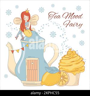 TEA MOOD FAIRY Princess Girl With Red Hair And Wings Sits On Teapot With Door Next Lemon And Cake Sweet Dessert Cartoon Vector Illustration Set For Pr Stock Vector