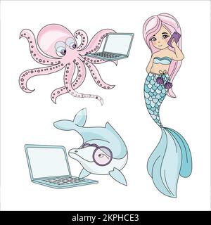 SEA CREATURES Mermaid Talking Smartphone Octopus And Dolphin Working On Laptop Underwater Inhabitants Cartoon Clip Art Vector Illustration Set For Pri Stock Vector