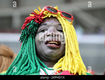 Al Wakrah, Qatar. 28th November 2022; Al Janoub Stadium, Al Wakrah, Qatar; FIFA World Cup Football, Cameroon versus Serbia; Cameroon fan Stock Photo