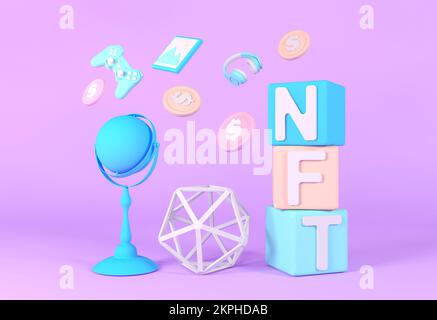 NFT non-fungible token banner, 3d nft icon symbol. Concept of NFT, minimal, pastel colors. Crypto art, music, games, blockchain Stock Photo
