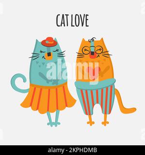 TWO CATS Valentine Day Love Hand Drawn Flat Design Cartoon Cute Animal Vector Illustration For Print Stock Vector