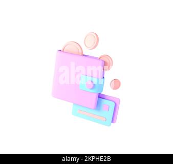 3D Money Saving icon concept pastel colors flat. Wallet, bill, coins stack, and credit card on isolate white background, 3d Stock Photo