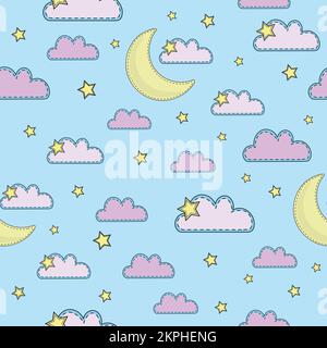 SKY Night Imitation Of Felt With Moon Clouds And Stars On Light Blue Background Cartoon Vector Illustration Seamless Pattern For Print Stock Vector