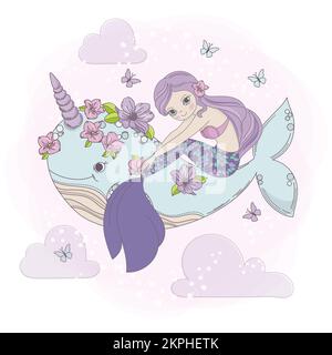 SKY MERMAID Long Haired Princess Girl Sits Riding On Whale Unicorn Decorated With Flowers On Pink Clouds Cartoon Clip Art Vector Illustration Set For Stock Vector