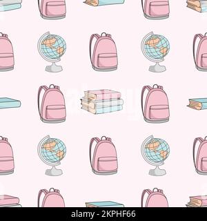 SCHOOL BAG AND GLOBE Education Supplies And Books On Pink Background Seamless Pattern Vector Illustration For Print Stock Vector