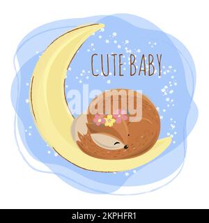 SLEEPING FOX Kit In A Wreath Of Flowers On His Head Sleeping On A Crescent Cartoon Forest Animal Baby Hand Drawn Clip Art Vector Illustration Set For Stock Vector