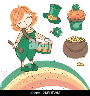 RAINBOW MARCH Red Haired Boy With Drum Standing On Rainbow And Other Saint Patrick Day Accessories Cartoon Clip Art Vector Illustration Set For Print Stock Vector