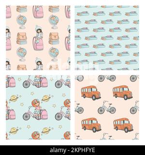 SCHOOL SET Education Supplies Female Students Girls School Bus Globe School Bag Bicycle Seamless Pattern Cartoon Vector Illustration Set For Print Stock Vector