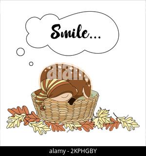 SMILING DEER Fawn Sleeping In A Basket Curled Up On Oak Leaves Autumn Forest Animal Cartoon Clip Art With Text Vector Illustration Set For Print Stock Vector