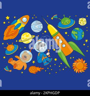SPACE SHIP Galaxy Cosmos Universe Journey Boy Cartoon Clip Art Vector Illustration Set For Print Stock Vector