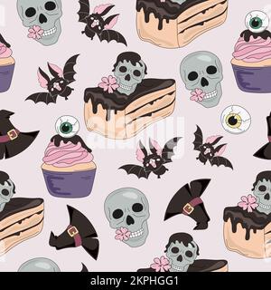 SKULL SWEETS Of Halloween Holiday With Menu Dessert Eye Cake Bats And Hat On Light Pink Background Cartoon Vector Illustration Seamless Pattern For Pr Stock Vector