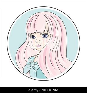 SOCIAL MEDIA PORTRAIT Long Haired Girl With Blue Eyes And Bow In A Round Frame An Icon For Her Profile On Internet Cartoon Vector Illustration Set For Stock Vector