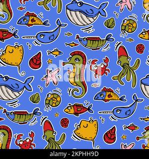 SEA HORSE FRIENDS Cute Underwater Animals Whale Crab Squid Cartoon Hand Drawn Seamless Pattern Vector Illustration On Blue Background With Outline For Stock Vector