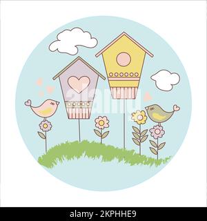 SPRING BIRD Birdhouses And Flowers Blossom Season Sunny Weather In Round Frame On Light Green Background Cartoon Clip Art Vector Illustration Set For Stock Vector