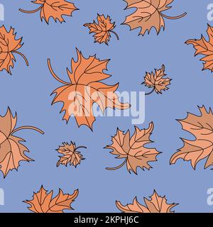 RED MAPLE LEAVES Autumn Fall Season Orange Leaves On Blue Background Cartoon Seamless Pattern Vector Illustration For Print Stock Vector