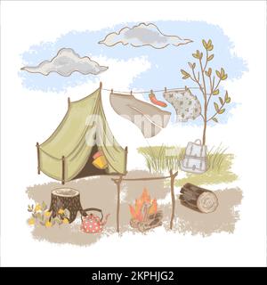 SPRING CAMPING Rest At Nature Tent Linen And Bonfire With Kettle Under Blue Sky Hand Drawn Flat Style Cartoon Clip Art Vector Illustration Set For Pri Stock Vector